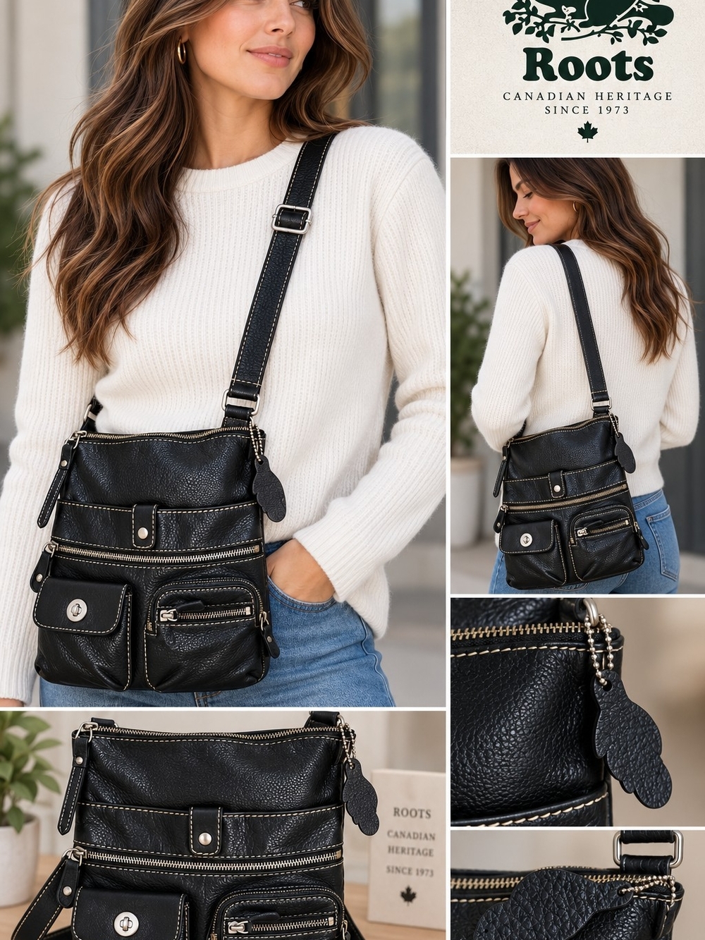Vintage Roots Black Pebble Leather Crossbody Bag with Silver Hardware